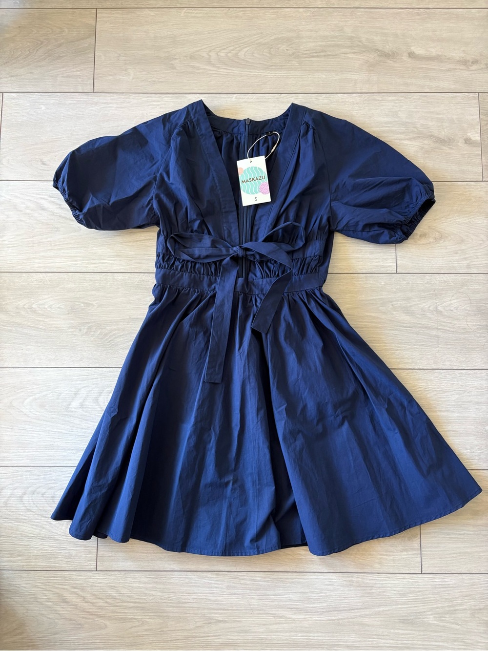 Source Unknown Navy Puff-Sleeve Mini Dress with Tie Waist